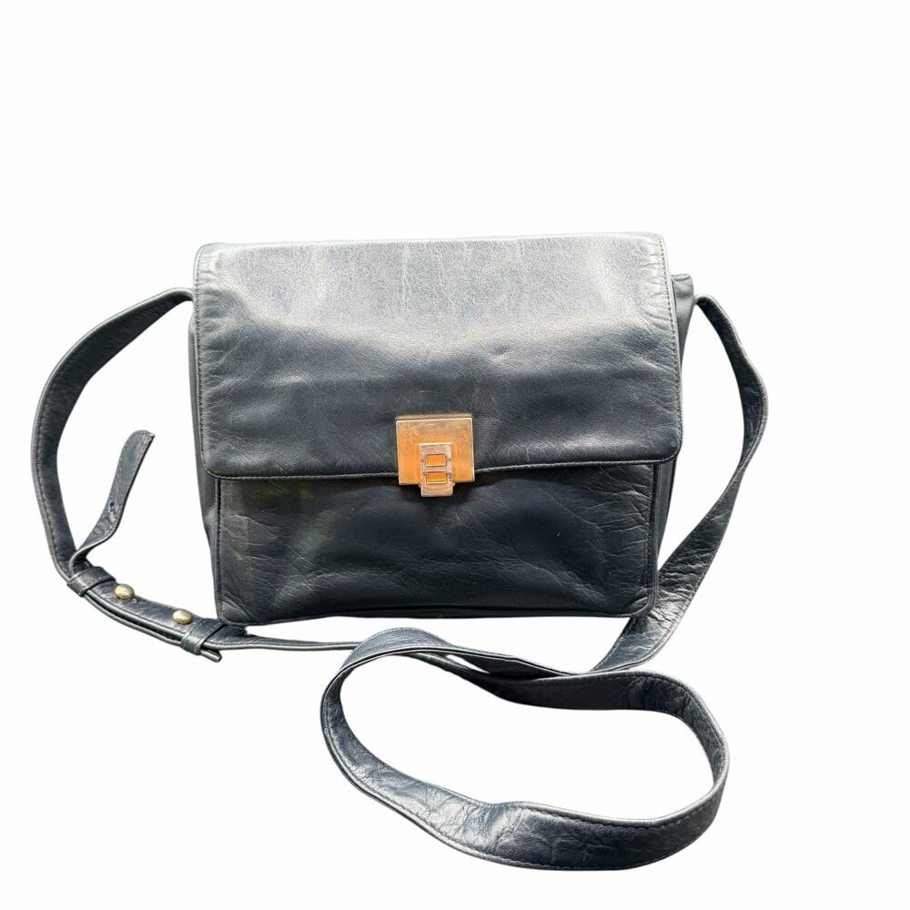 Perlina New York Blue Leather Crossbody Bag Gold Turnlock Vintage